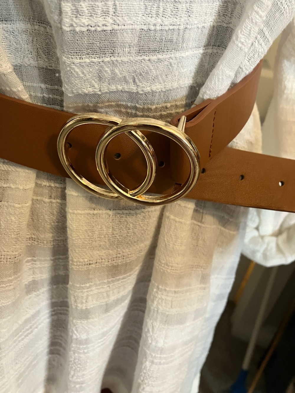 Double Ring Tan Waist Belt with Gold Buckle - Picture 2 of 5